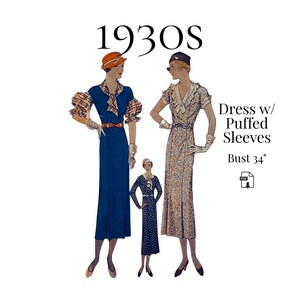 1933 Kleid mit Puffärmeln - Reproduktion PDF Nähanleitung #7451 (34"Brust)