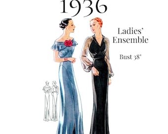1930s Ladies Evening Gown Sewing Pattern – Neck Options, 38" Bust (PDF Print at Home) #1659