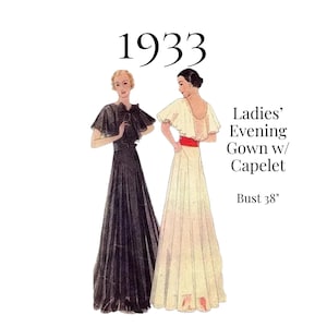 Könnte beinhalten: Eine Vintage-Schnittmuster-Illustration von 1933 mit zwei bodenlangen Abendkleidern mit Capelets. Ein Kleid ist schwarz, das andere weiß mit rotem Taillenband. Der Text lautet 1933, Ladies' Evening Gown w/ Capelet und Bust 38".