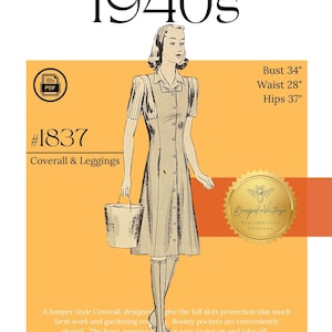 1940s Apron/Coverall/Overall Homefront with Gaiters - Bust 34&quot; Reproduction Vintage Pattern #1837-34 - PDF - Print At Home