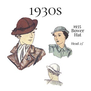 1930s Ladies’ Bower Style Hat – 1935 Reproduction, PDF Sewing Pattern #6993 (23" Head)