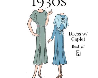 1930 Ladies Day Dress w/ Capelet Back - Reproduction PDF Pattern #5226 (36 inch bust)