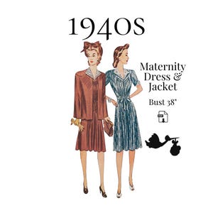 Vestido y chaqueta de maternidad de los años 40 – Patrón PDF de reproducción de los años 40 n.° 4123 (busto de 96 cm)