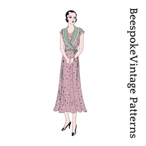 May include: Illustration of a vintage dress with a wrap-style bodice and a flowing skirt. The dress is a light pink color with a pattern of small black shapes. The collar and trim are green. The text "Bespoke Vintage Patterns" is on the right side.