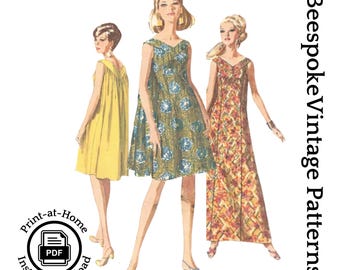 1960s MuuMuu, Waterfall Dress - Bust 34&quot; - Reproduction Vintage Pattern #7088-34 - PDF - Print At Home
