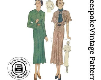 Jaren 30 damesjurk in twee stijlen - INSTANT DOWNLOAD - reproductie 1936 naaipatroon # T1990 - buste 36 inch - pdf - thuis afdrukken