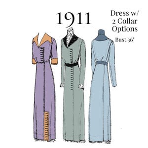 Vestido de dama de 1911 con dos opciones de cuello – Patrón de costura en PDF n.° 4929 (busto: 91 cm)