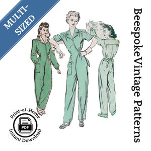 1940s Coverette / Coveralls WWII Rosie the Riveter - Bust 32&quot;- 38&quot; MULTISIZED Reproduction Vintage Pattern #2795 (PDF - Print At Home)