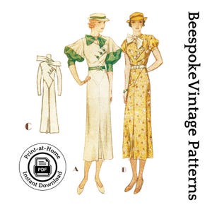 May include: Vintage sewing pattern for two dresses. The dress on the left is white with a green sash and the dress on the right is yellow with a floral print. The pattern is for a print-at-home PDF download.