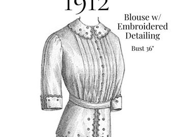 1912 Ladies Blouse with Embroidered Detailing – PDF Sewing Pattern #1000 (Bust 36")