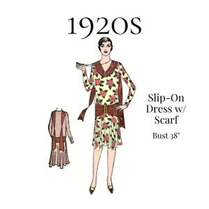 1920年代のスカーフカラー付きレディーススリッポンドレス – 復刻版PDFパターン#2778（バスト38インチ）