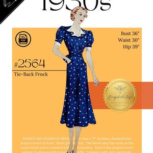 1930s Misses&#39; Frock with Tie Back - Bust 36&quot; - Reproduction Vintage Pattern #2564-36  - PDF - Print At Home