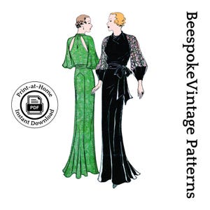 Könnte beinhalten: Illustration von zwei Vintage-Kleidern. Eines ist ein langes, grünes Kleid mit Schlüsselloch-Rücken und fließenden Ärmeln. Das andere ist ein schwarzes Kleid mit floral gemusterten Ärmeln und einer Schleife an der Taille. Der Text "Print-at-Home Instant Download" und "Beespoke Vintage Patterns" ist enthalten.