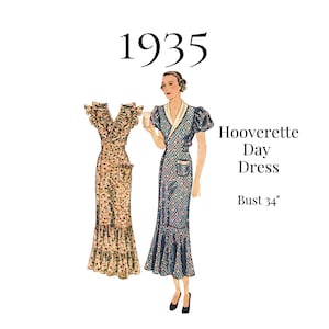 Pode incluir: Uma ilustração de molde de costura de 1935 para um vestido de dia Hooverette com um busto de 34 polegadas. A imagem mostra dois vestidos transpassados com mangas curtas bufantes, detalhes de babados e bolsos, com padrões florais e geométricos em azul e bege.