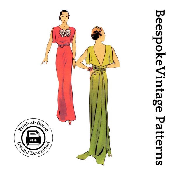 1930s Ladies Evening Gown With Train - INSTANT DOWNLOAD - Reproduction 1934 Sewing Pattern #T6573 - PDF - Print At Home