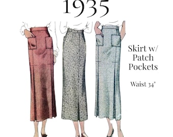 1930s Ladies Skirt Sewing Pattern – Patch Pockets, 34" Waist (PDF Print at Home) #8354