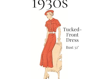 1930s Ladies Tucked-Front Day Dress Sewing Pattern – 2 Styles, 32" Bust (PDF Print at Home) #2013