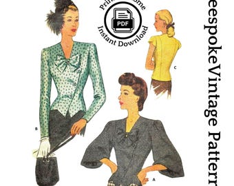 May include: Three vintage sewing patterns for women's blouses. The patterns are for a fitted, collared blouse with a bow, a fitted, collared blouse with a bow and a fitted, sleeveless blouse. The patterns are available as instant downloads in PDF format. "Print-at-Home Instant Download PDF"