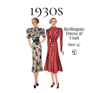 Vestido e casaco Redingote Ensemble dos anos 1930 - Reprodução PDF padrão nº 2285 (busto de 34 pol.)
