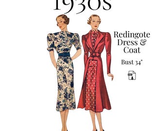 1930s Redingote Ensemble Dress & Coat – Reproduction PDF Pattern #2285 (34" Bust)