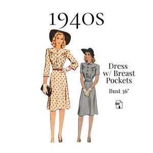 Robe des années 1940 de la Seconde Guerre mondiale avec poches sur la poitrine – Patron de couture PDF #4602 (buste de 36 po.)