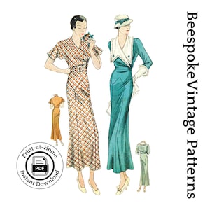 Puede incluir: Dos patrones de vestidos vintage que muestran un vestido de cuadros y un vestido azul verdoso con cuello blanco. Los patrones son para imprimir en casa y están disponibles para descargar instantáneamente. El texto "Bespoke Vintage Patterns" está en la esquina superior derecha de la imagen.