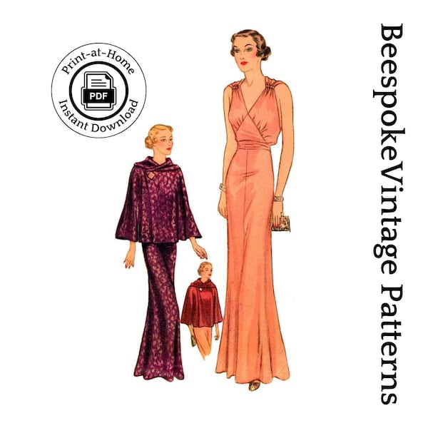 1930s Evening Gown with Optional Jacket — 1936 Vintage Reproduction Sewing Pattern #8119 (Bust 36")