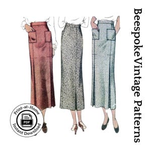 May include: Illustration of three long skirts with pockets in various fabrics and colors: burgundy, gray tweed, and light blue plaid. The image includes the text "Bespoke Vintage Patterns" and a circular graphic with "Print-at-Home" and "Instant Download" text.