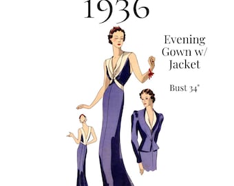 1930s Ladies Evening Gown Sewing Pattern – Jacket, 34" Bust (PDF Print at Home) #0435