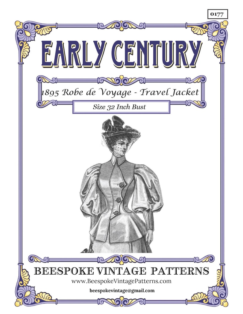 May include: An illustration of an Early Century 1895 Robe de Voyage - Travel Jacket pattern. The image features a woman in a jacket with a 32-inch bust size. The pattern is from Beespoke Vintage Patterns.