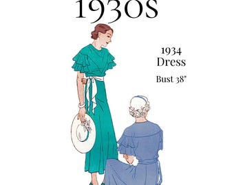 1930s Ladies Dress Sewing Pattern – Flounced Sleeves, 38" Bust (PDF Print at Home) #2677