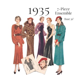 May include: A 1935 7-Piece Ensemble sewing pattern illustration featuring five figures in various outfits including a rust dress with a bow, a brown coat, a purple gown, a black gown, and a teal coat. Text includes 1935, 7-Piece Ensemble, and Bust 36".