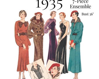 1930s Ladies Seven Piece Ensemble Sewing Pattern – 36" Bust (PDF Print at Home) #0677