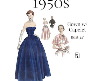 1950s Ladies Evening Gown w/ Capelet – PDF Pattern #4048 (34" Bust)