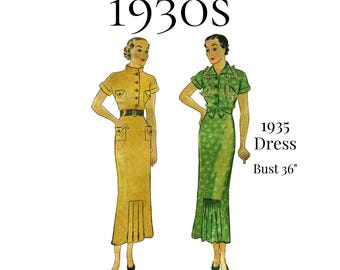 1930s Ladies Day Dress Sewing Pattern – Kick Pleats, 36" Bust (PDF Print at Home) #1642