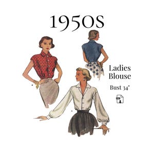 1950s Ladies Blouse (3 Styles) – PDF Sewing Pattern #8062 (34" Bust) – Instant Download