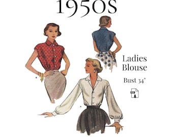 1950s Ladies Blouse (3 Styles) – PDF Sewing Pattern #8062 (34" Bust) – Instant Download