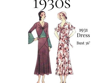 1930s Ladies Asymmetrical Dress Sewing Pattern – 36" Bust (PDF Print at Home) #6617