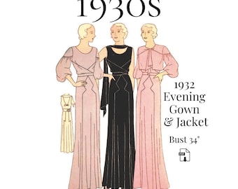 1930s Evening Gown Sewing Pattern – 2 Styles with Jacket, 34" Bust (PDF Print at Home) #1104