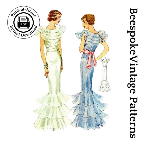 1930s Ladies Evening Gown With Sash - INSTANT DOWNLOAD 0 Reproduction 1934 Sewing Pattern #T7754 - 34 Inch Bust - PDF - Print At Home