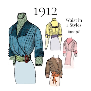 1912 Ladies Waist in Four Styles – Reproduction PDF Pattern #4925 (36" bust)
