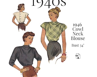 1940s Ladies Cowl-Style Neck Blouse – PDF Sewing Pattern #6690 (Bust 34")