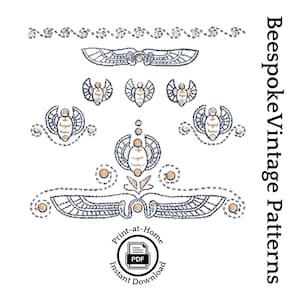 May include: A set of printable vintage patterns featuring a winged scarab beetle design. The patterns are perfect for embroidery, cross-stitch, or other needlework projects. The patterns are available as an instant download in PDF format.
