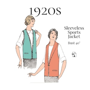 1920s Ladies Sleeveless Sport Jacket – PDF Sewing Pattern #3460 (Bust 40")