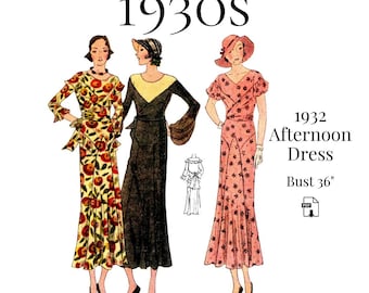 1930s Ladies Afternoon Dress Sewing Pattern – 3 Styles, 36" Bust (PDF Print at Home) #1060
