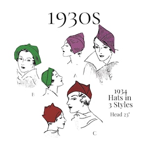 1930年代の婦人用奇抜な形の帽子 – 1934年復刻版、PDF縫製パターン #5542 (頭囲23インチ)