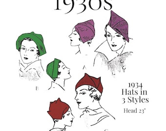 1930s Ladies’ Oddly Shaped Hats – 1934 Reproduction, PDF Sewing Pattern #5542 (23" Head)
