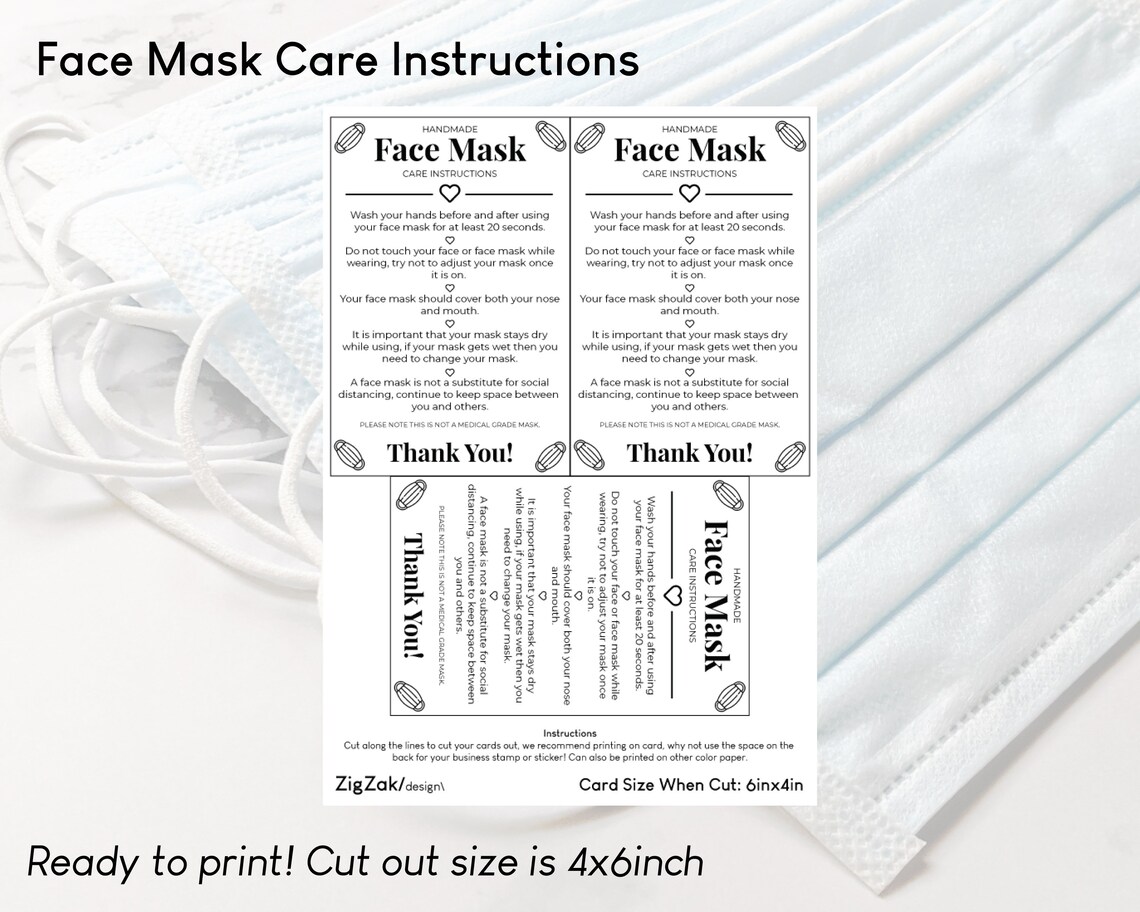 Face Mask Care Instructions Printable Easy Craft Care Card Etsy