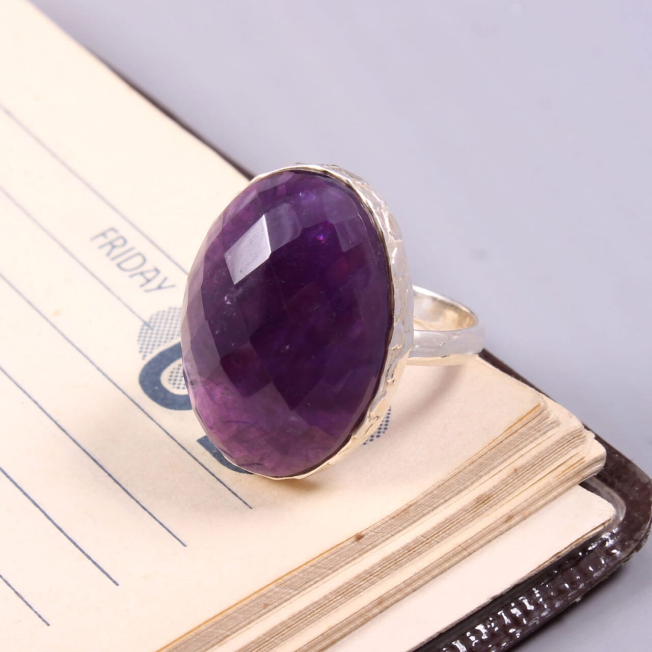 Square Amethyst Sterling Silver Ring – Delicate Bohemian Ring, Size 8, Gift Box Included