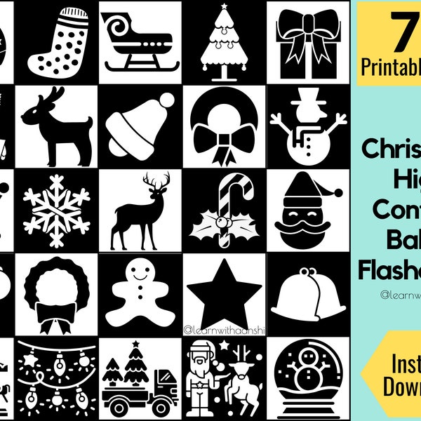 Christmas High Contrast Printable Baby cards, Montessori Black & White Sensory Cards for Infant Stimulation, Infant Flashcards, Newborn toy